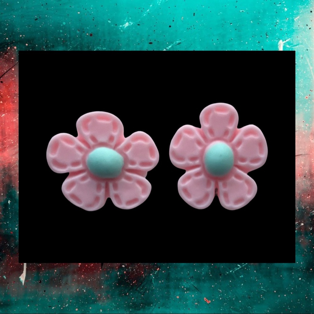 Flower Stud Earrings - Pink and Blue - Picture 1 of 6